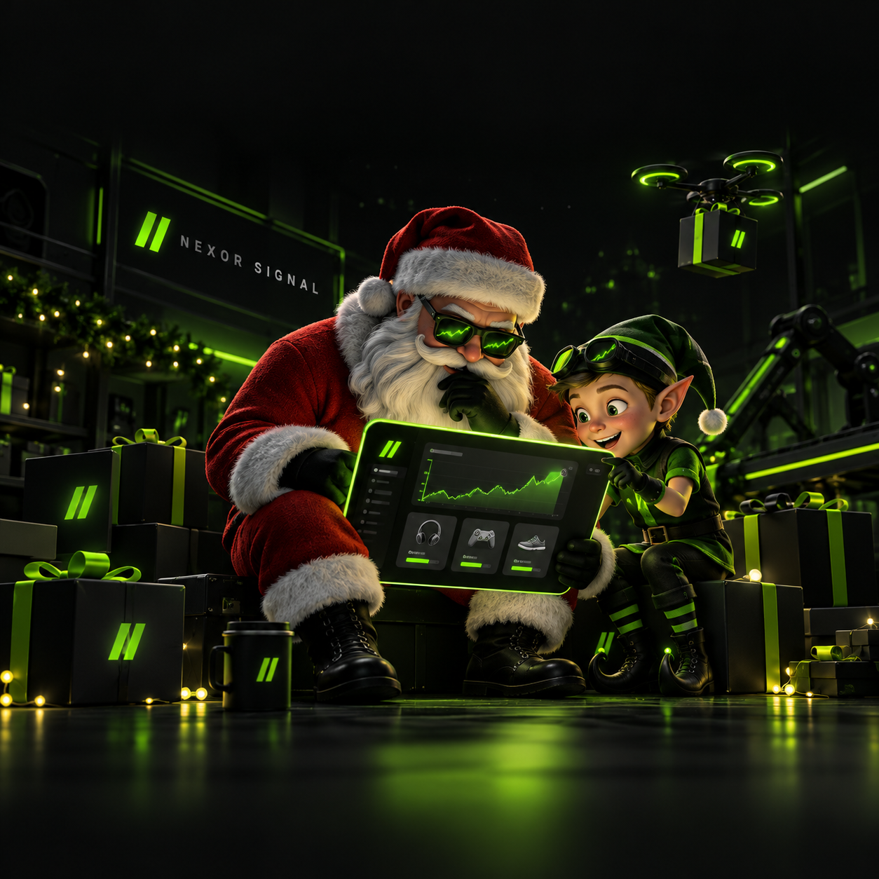 Santa and a NEXOR elf checking price history